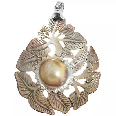 925 Silver Leaves Hand Carving Mabe Blister Pearl In Shell Sterling Pendant 3  • $29.95