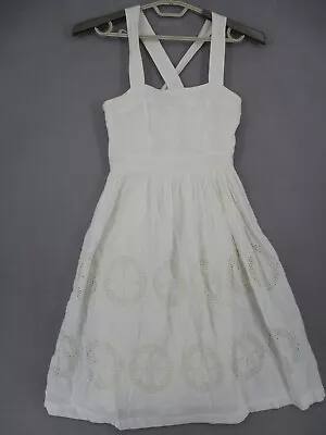 Country Road Dress Womens 10 White Beige Linen Lace Shirred Cross Back Strap Zip • $34.95