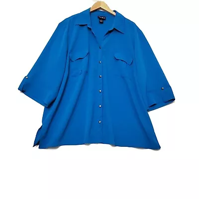 Maggie Barnes Womens Button Front 3/4 Sleeve Lightweight Blue Crinkle Top 3X • $19.25