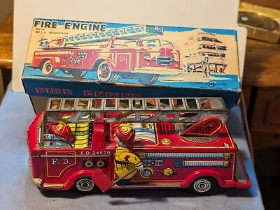 VINTAGE  T.N.  JAPAN 1960's TIN FRICTION POWERED FIRE ENGINE TRUCK WITH BOX • $59.99