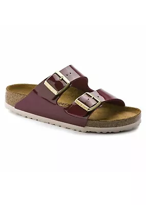 Birkenstock Birko Flor ARIZONA Patent Bordeaux Burgundy Red Gold Detail Size 39 • $50