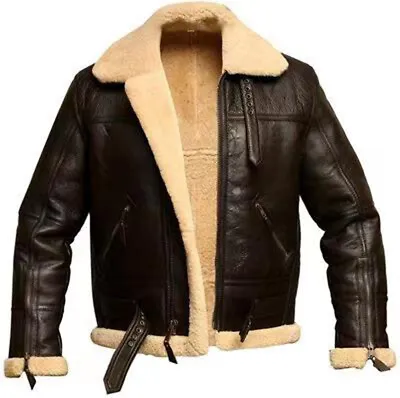 Men’S Faux Fur Pilot Flying Outwear Raf Aviator Faux Leather Jacket Coat • $66.99
