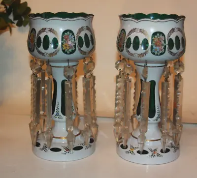 Bohemian Czech PAIR Cased Glass Mantle Lustres Green To White Dangle Crystals • $595