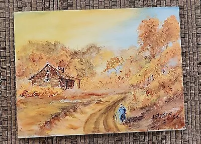 Vintage 1986 Oil Painting Man~Cabin~ Woods Autumn Scene -  Signed 12 ×16   • $39.99