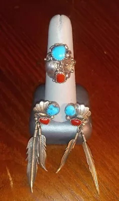 Richard Begay Turquoise And Coral Earrings And Ring Set Used Size 7 • $99.99