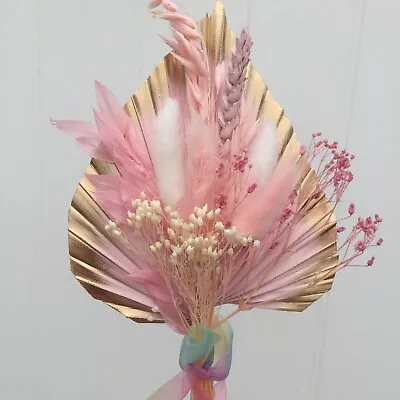 £7.20 • Buy  Pale Pink And Gold Medium Size Palm Spear With Dried Flower Spray CAKE TOPPER