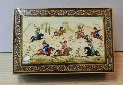 $29.95 • Buy Painted Inlaid Wooden Box Asian Horses Hunting Rabbits Jewelry Casket