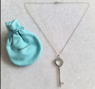 £150 • Buy Genuine Tiffany Retired Blue Enamel Trimmed Heart Key 5.5cm On 41cm Chain 