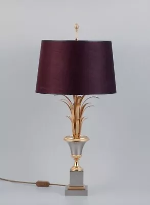 Table Lamp In Brass With Base In The Shape Of Palm Leaves And Textile Shade. • $1000