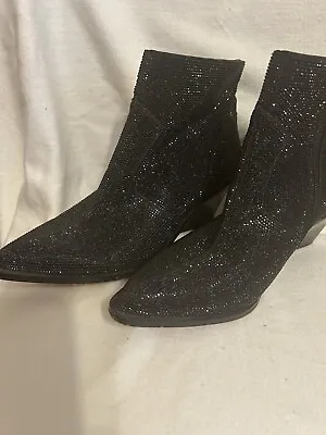 JESSICA SIMPSON ZALOR RHINESTONE WESTERN BOOTIE Black GLITTER GABOR SIZE 10 M • $60