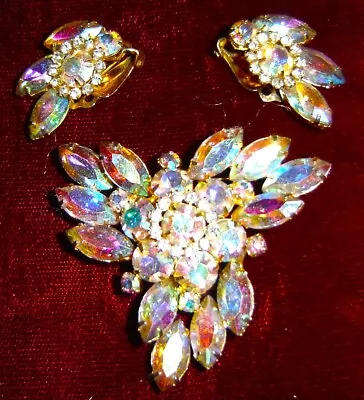 Vintage Rhinestone Juliana AB  Brooch & Earrings Set Gold Plated.  A-611 • $24