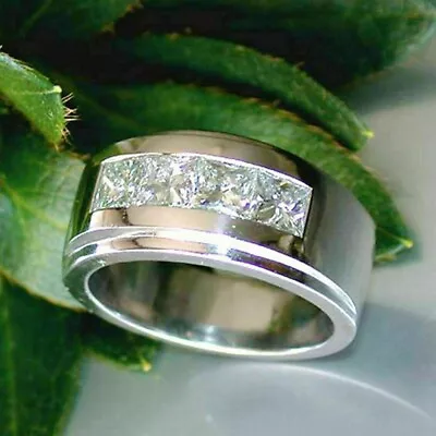 4 Mm Princess Moissanite Channel Set Men's Engagement Ring 14k White Gold Plated • $168.29