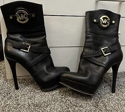 Michael Kors Stockard Platform Stiletto Black Leather Ankle Boots Booties • $50
