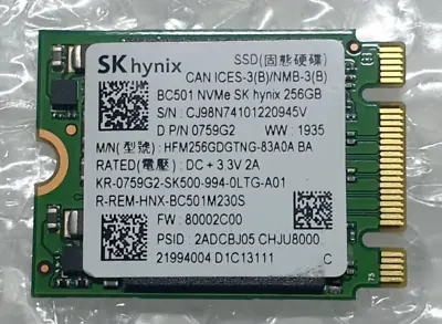 SK Hynix BC501 256GB NVMe PCIe M2 2230 SSD HFM256GDGTNG-83A0A D P/N 0759G2 Dell • £12.99