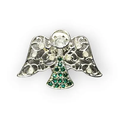 Vintage Filigree Angel Lapel Pin White & Green Rhinestones Silver-tone Brooch • $12