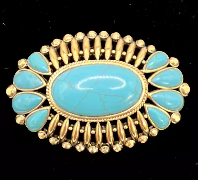 Vintage Large Monet Faux Turquoise Brooch Gold Tone Oval SOUTHWESTERN Style • $29.99