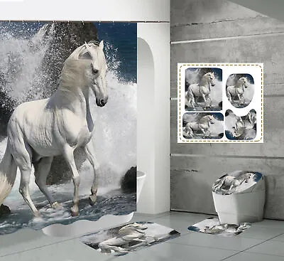 3D Horse Animal Print Shower Curtain Bath Mat Floor Mat Toilet Lid Cover Rug Set • £27.35