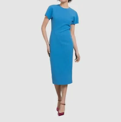 $1250 Victoria Beckham Womens Blue Wool Spiral Seam Two-Way Zipper Dress Size 10 • $399.98