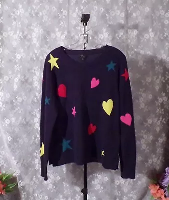 J.Crew Cashmere Sweater Navy Blue Pullover Stars & Hearts Soft Cute Size Large • $45