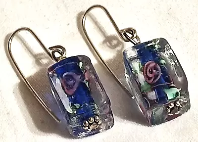 ~ Earrings Pierced Millefiori Wire Hook Art Glass Beads Square Blue Purple • £15.20