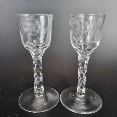 Antique Pair 18th Century Jacobite Style Wine Glasses Floral Engraved Bowls • £395