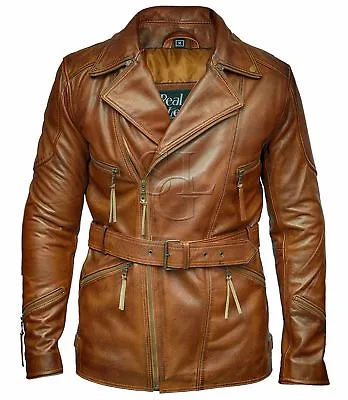 Mens Brown 3/4 Motorcycle Biker Long Cow Hide Leather Jacket • $144