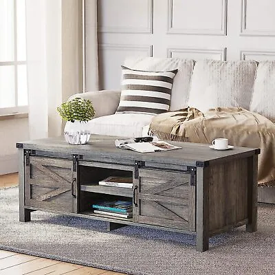 48 Farmhouse Coffee Table With Adjustable Storage  Shelves And Sliding Barn Door • $161.49