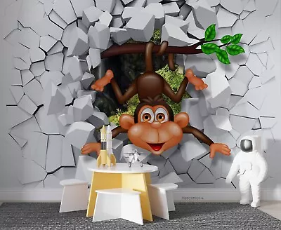 3D Wall Hole Little Monkey Wallpaper Wall Mural Peel And Stick Wallpaper 667 • $224.03