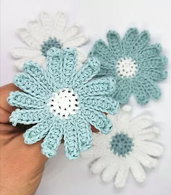 Handmade White&Ice Blue FlowersCrochet 4 Applique Scrapbooking Crochet Flowers • £13