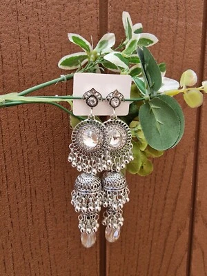 £6.99 • Buy Ethnic Silver Crystal  Dangle  EarrinIndian Style Jhumkgs Indian Jewelry Jhumka