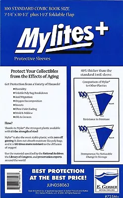 100 - E. Gerber Mylites+ Mylar Standard Size Comic Book Bags 725M+ 7 ¼  ” X 10 ½ • $32.99