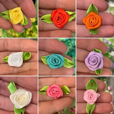 10 Big Rose Buds Satin Ribbon Flowers  Wedding Card Making Scrap Booking • £2.25