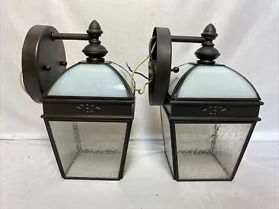 Vintage Pair Of Outdoor Wall Light Fixtures Metal Slag & Clear Seeded Glass Set • $89