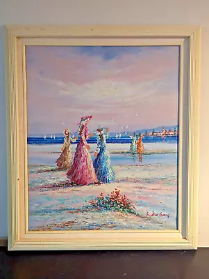 MARIE CHARLOT SIGNED ORIGINAL OIL PAINTING -  LADIES BY THE SEA  V2 - 29 X25  • $250