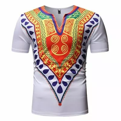 Men's African Dashiki Long Sleeve T-Shirt Ethnic Casual V Neck Ethnic Fitted Top • £21.23