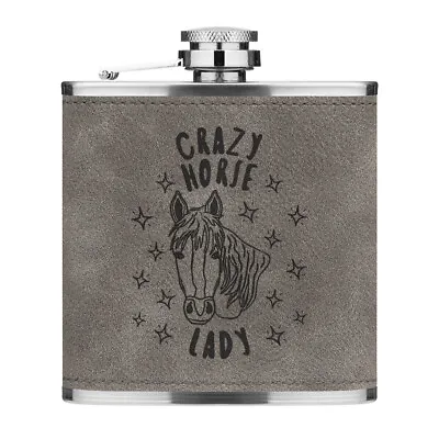 Crazy Horse Lady Stars 6oz PU Leather Hip Flask Grey Funny Pony Animal • £13.99