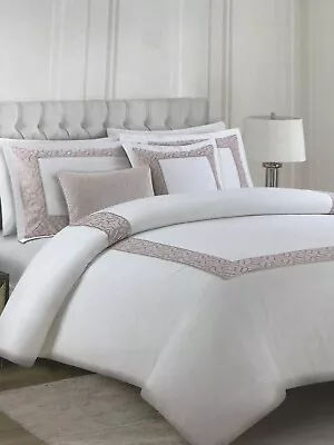 NEW Hotel Collection King Duvet & Shams Fringed Velvet Border Pink White 3PC Set • $119