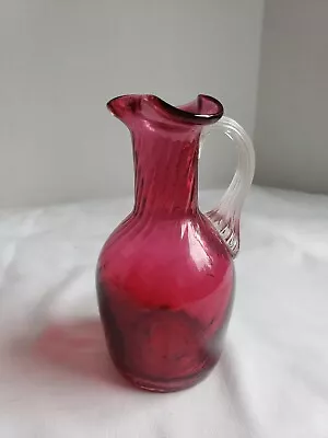 Vintage Pilgrim Hand Blown Cranberry Swirled Ribbed Clear Handle Pitcher # E • $3.95