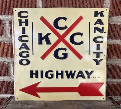 Vtg NOS 20s 30s Chicago Kansas City Highway Left Arrow Embossed Metal Sign 12” • $375