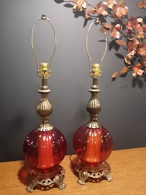 Vtg MCM Mid Century Hollywood Regency 3 Way Switch Lamps Set Pink Glass Rare Lot • $349.99