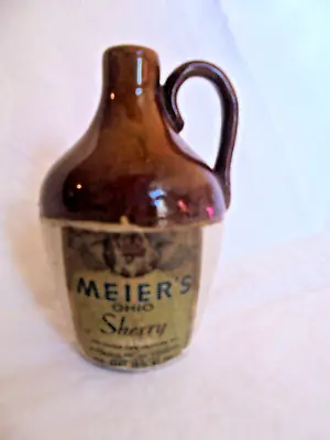 Vintage Uhl Pottery Brown & White Mini Jug With Meier's Wine Cellar Sherry Label • $24.99