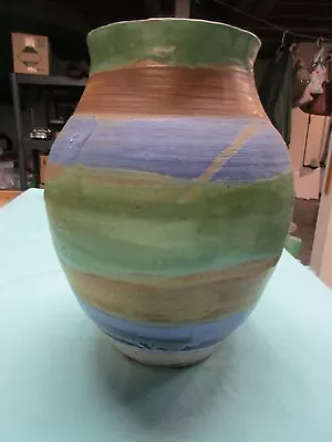 Vintage Signed Studio Art Stoneware Pottery Vase - Blue/Tan/Green/ Earth Tones • $22.50