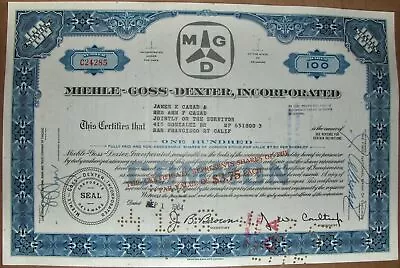 Stock Certificate Miehle-Goss Dexter Inc. 1964 State Of Delaware • $1.25