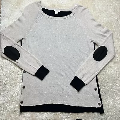 J Crew Wool Blend Sweater Small Elbow Patch Button Accents Black Beige Knit Top • $22