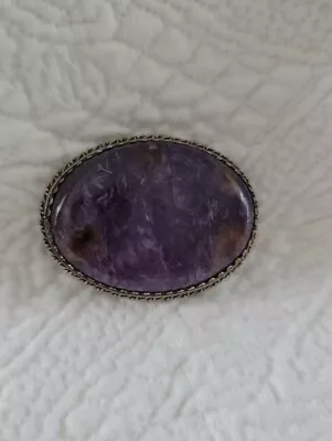 Vintage Ornate Sterling Silver Polished CHAROITE Pin Brooch Hinged Clasp Pin  • $39.99