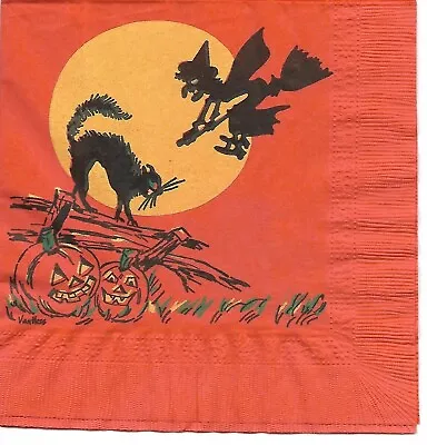 Vintage Paper Halloween Napkin ~ Witch On Broomstick Black Cat JOLs Moon • $6