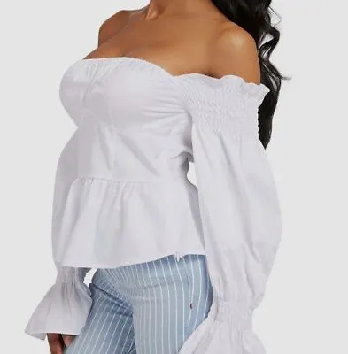 $89 Guess Women's White Off-The-Shoulder Mattie Smocked Long Sleeve Top Size XS • $28.78