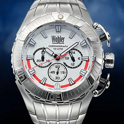 NEW Wohler Cohen 1230M Men's Chronograph SS Watch White Dial Face Red Accents • $62.65