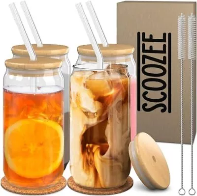 Glass Cups With Lids And Straws (18oz Set Of 4) Iced Coffee Cup Ice Tea Gla... • $32.77