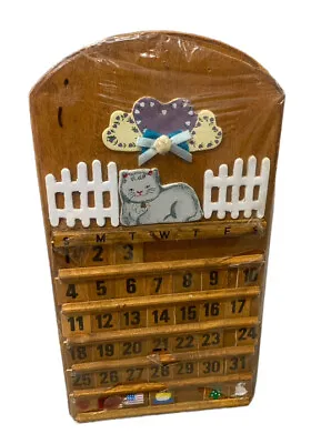 Vintage Wooden Perpetual Wall Calendar W/Changeable Month & Day Tiles Cat • $34.99